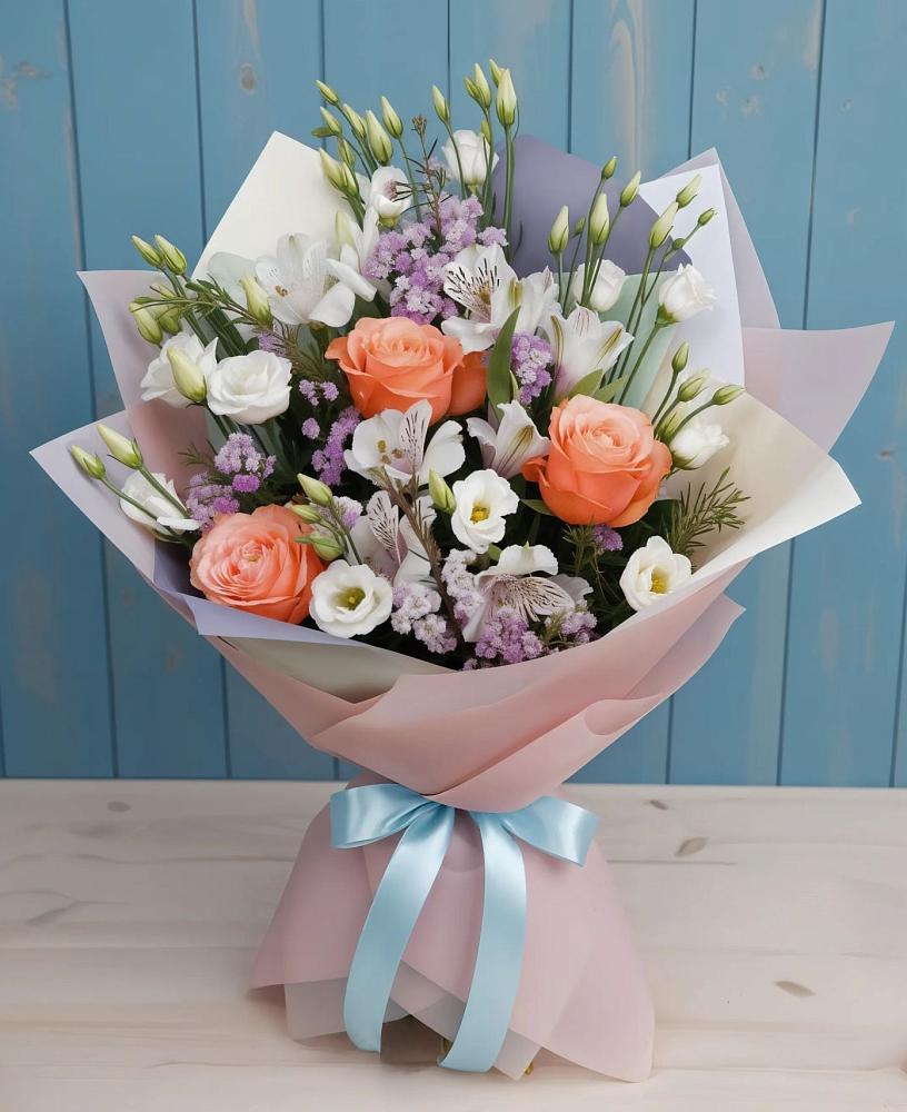 Букет цветов из: Лизиантусы, Розы, Альстромерии и Гипсофила в Семендере